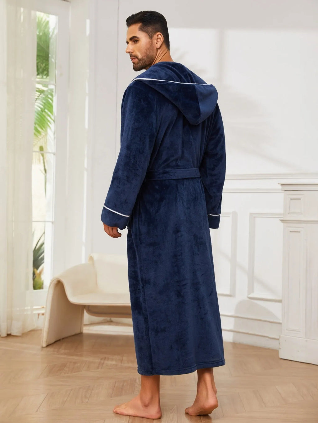 Men's flannel bathrobe in European style with polyester fabric, shown in available colours