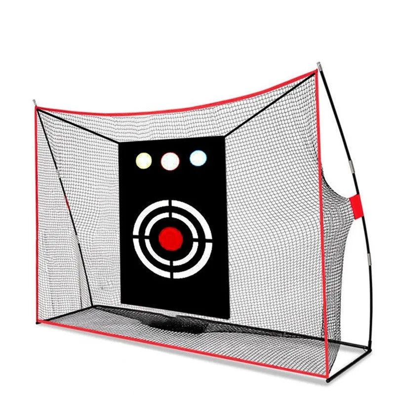 Golf wedge training net with 3-hole cross design and straw practice mat with accessories