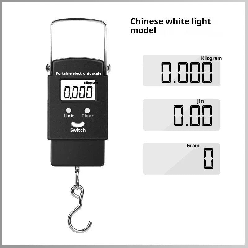 Mini handheld electronic scale with 50kg capacity and blue backlight option for luggage and shopping
