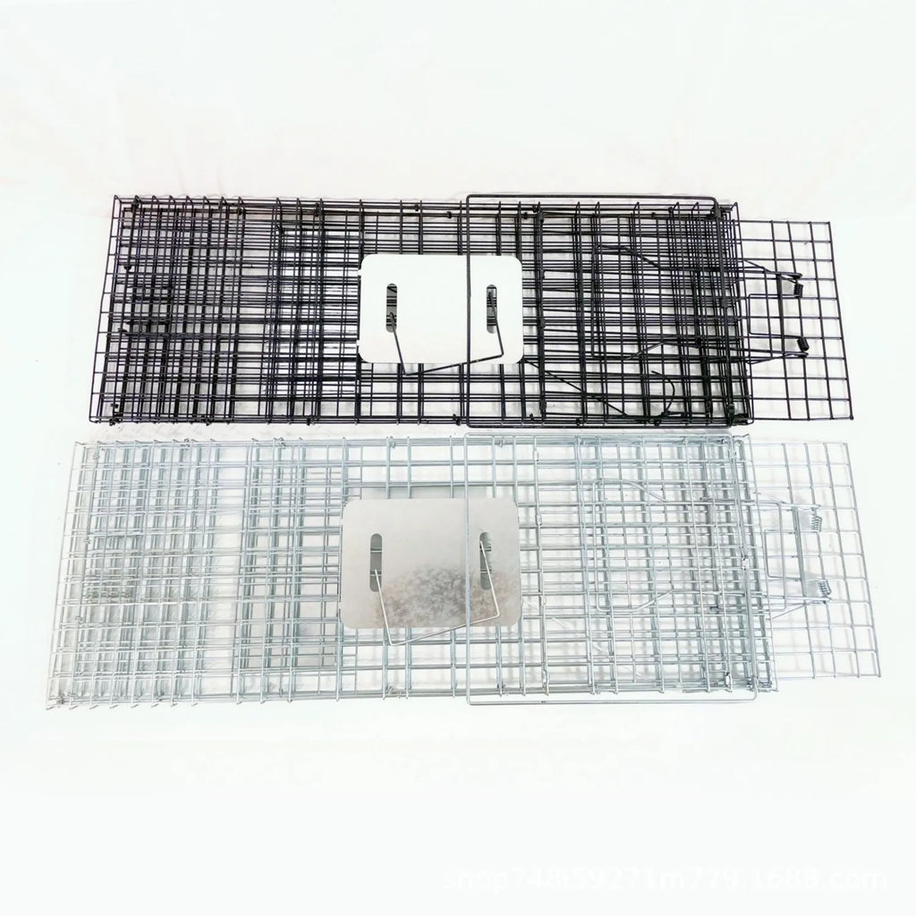 Fully automatic foldable steel cat trap cage in galvanised or black finish, sizes 60x20x18cm, 65x26x23cm, 80x32x28cm