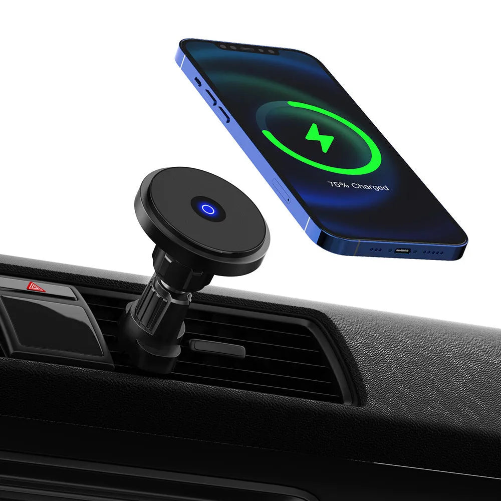 Silver aluminium alloy magnetic wireless car charger mounted on car air vent with phone attached