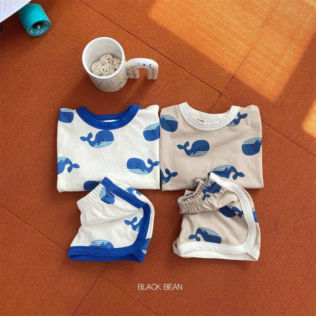 Baby cartoon printing suit in khaki cotton with pullover blouse and shorts for toddlers