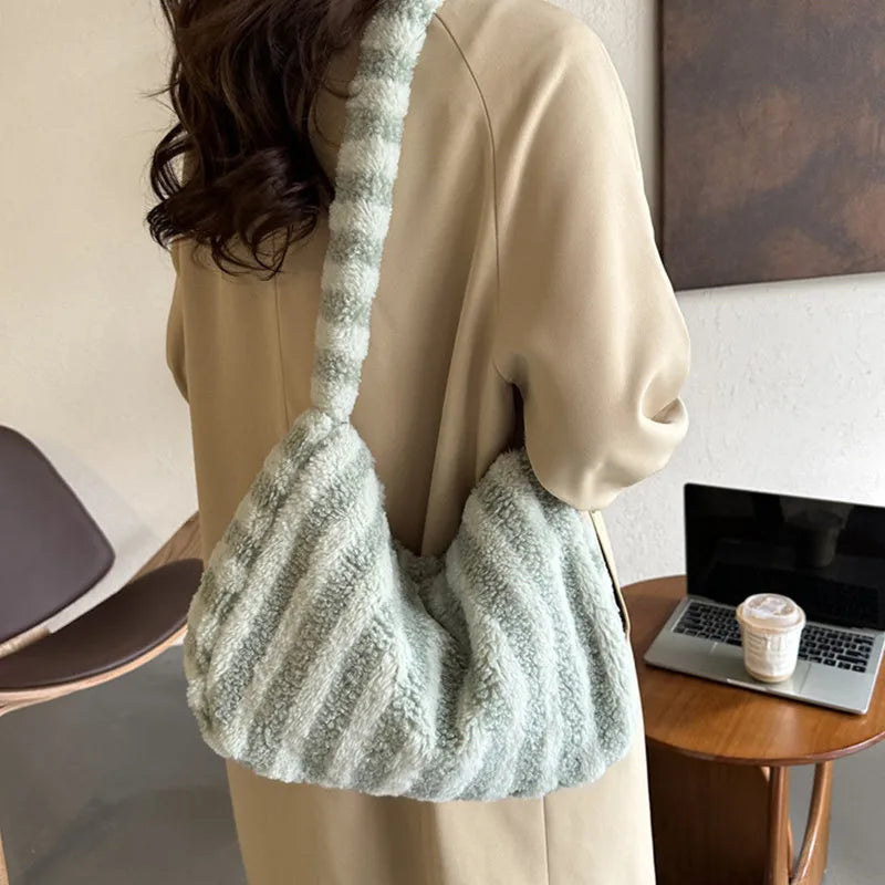 Large-capacity striped plush tote shoulder bag for women in winter, available in multiple colours