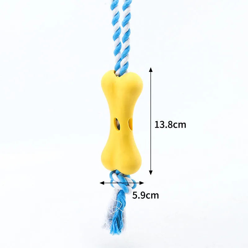 Green porous bone-shaped dog chew toy with rope knot texture on a white background.
