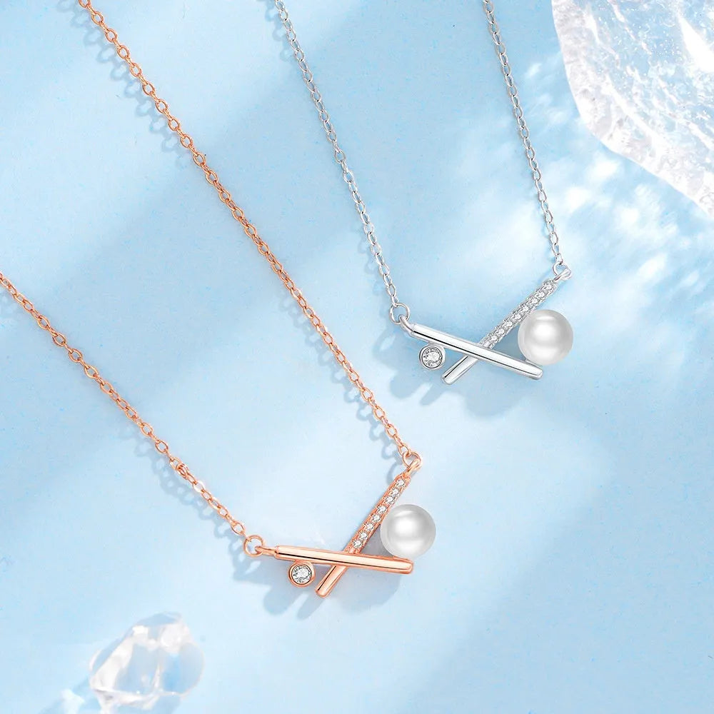 S925 sterling silver transformed pearl necklace with diamonds geometric asymmetric pendant cross chain light luxury women's jewellery