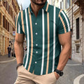 Men's casual striped short sleeve shirt in black, lapel collar, button front, polyester fabric