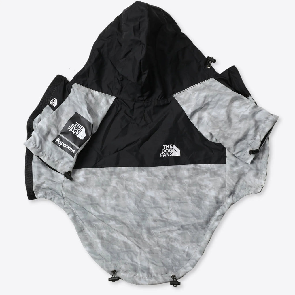 Dog shell jacket in polyester, available in sizes S-5XL, black or waste paper print.