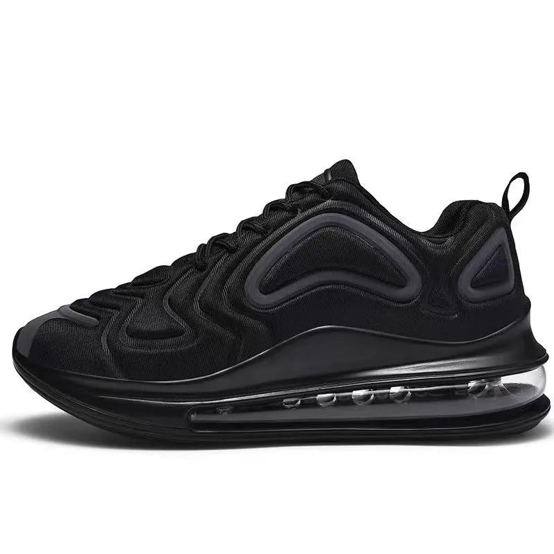 Men's black casual sneakers with lace-up front and a thick air cushion sole.