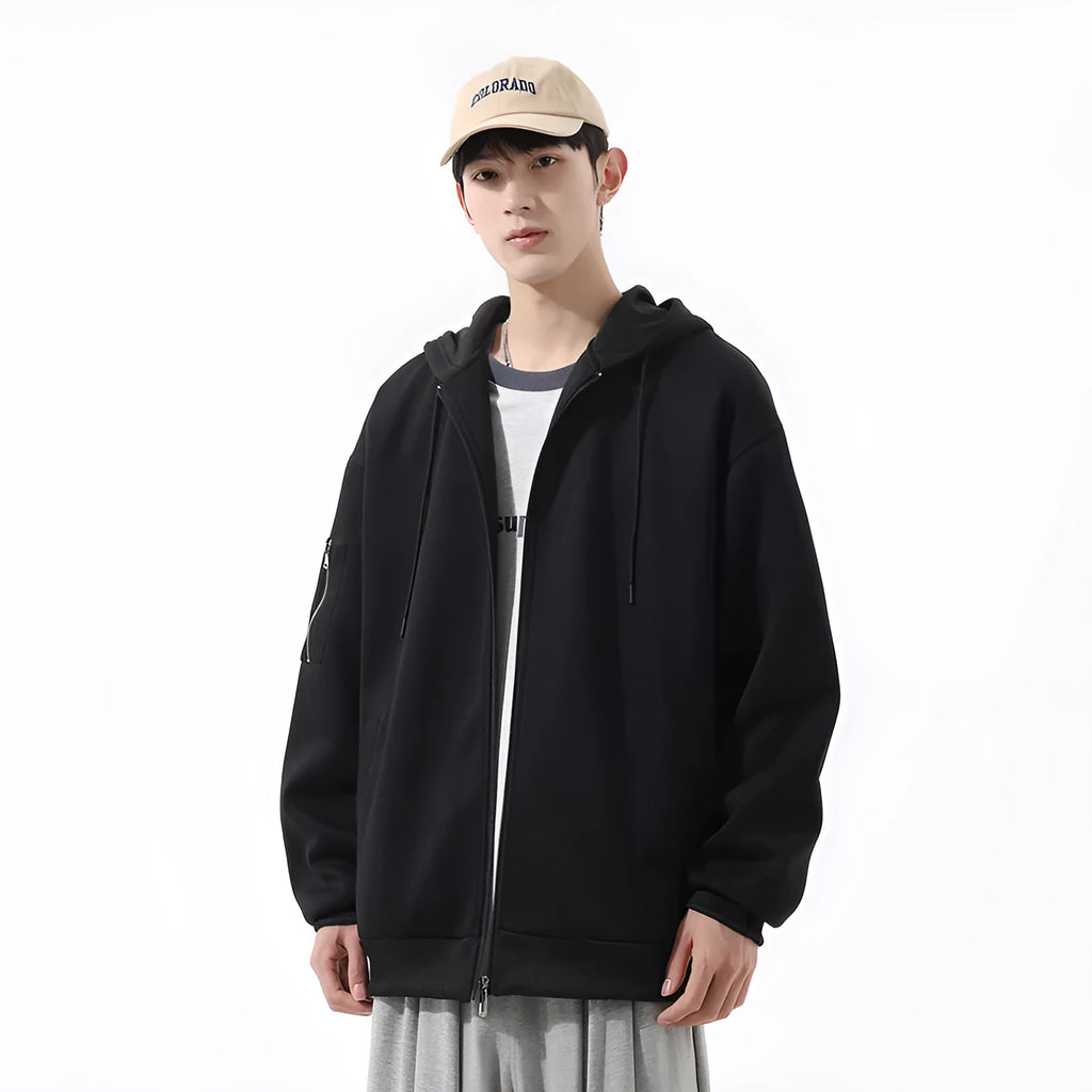 Loose hooded cardigan for teenagers in solid black, unlined polyester fibre, relaxed fit, front view
