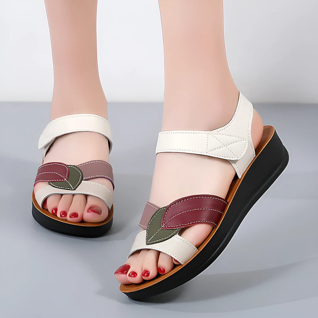 Women's velcro sandals with thick sole, beige colour, side hollow design