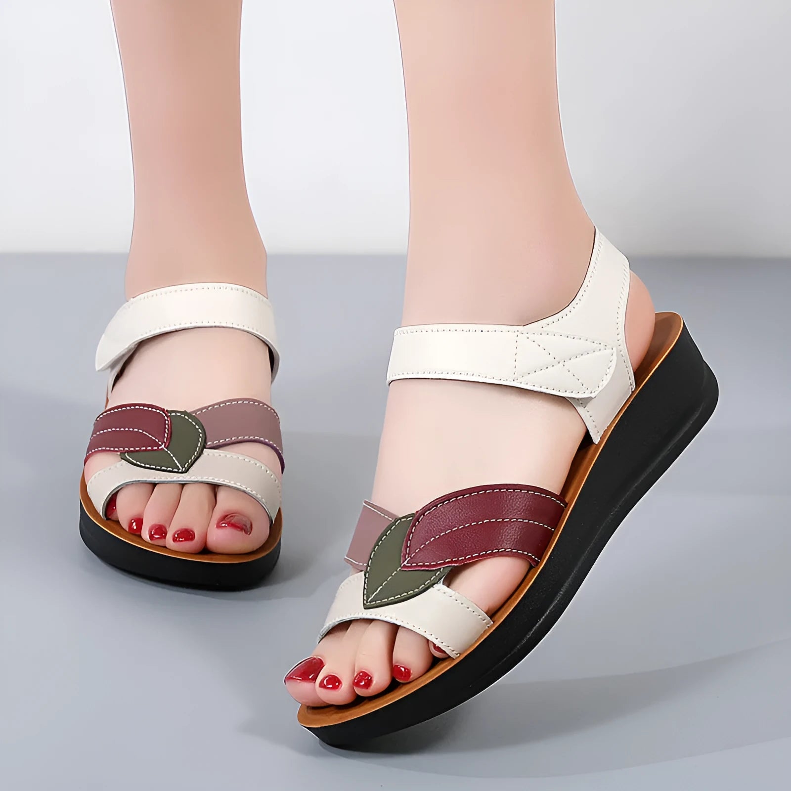 Women's velcro sandals with thick sole, beige colour, side hollow design
