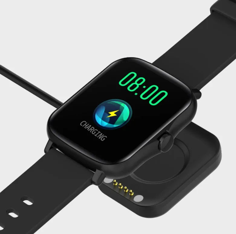 Black smart sports watch with a 1.7-inch colour touch screen on a adjustable strap, showing the home screen interface.
