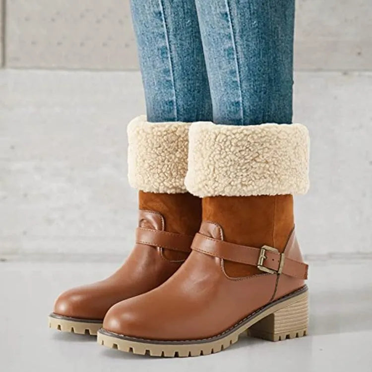 Women's fashion boots with buckle chunky heel round toe faux fur lined Western style in black coffee and light brown
