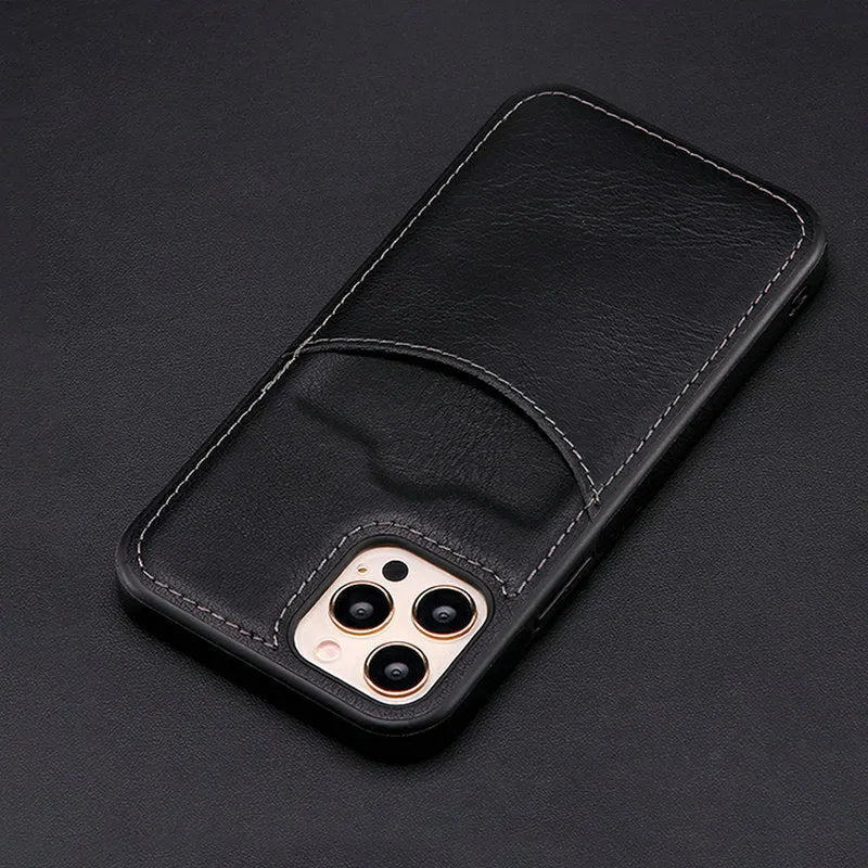 Dark blue PU leather protective case fitted on an iPhone showing textured finish and precise button cut-outs.