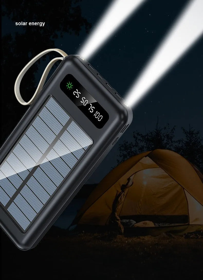 Black and white solar power bank showing front solar panel, dimensions 144mm x 68mm x 16mm, with included USB cable.