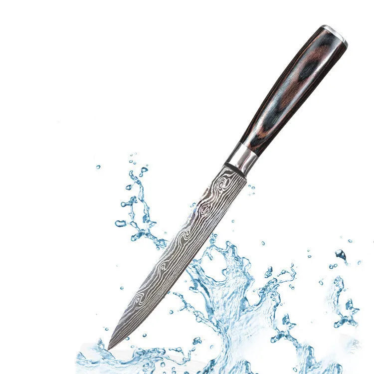7Cr17 stainless steel kitchen knife with laser Damascus pattern on blade and colour steel handle.