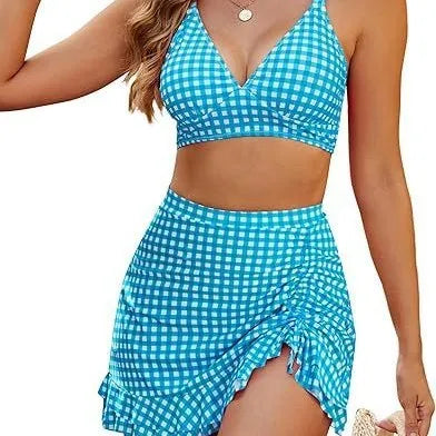 Black and white plaid two piece swimsuit with high-waist briefs and skirt for women
