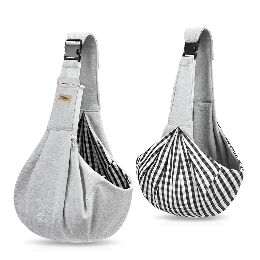 Pet dog travel sling carrier in light grey polyester with phone pocket, suitable for small pets up to 10 jin