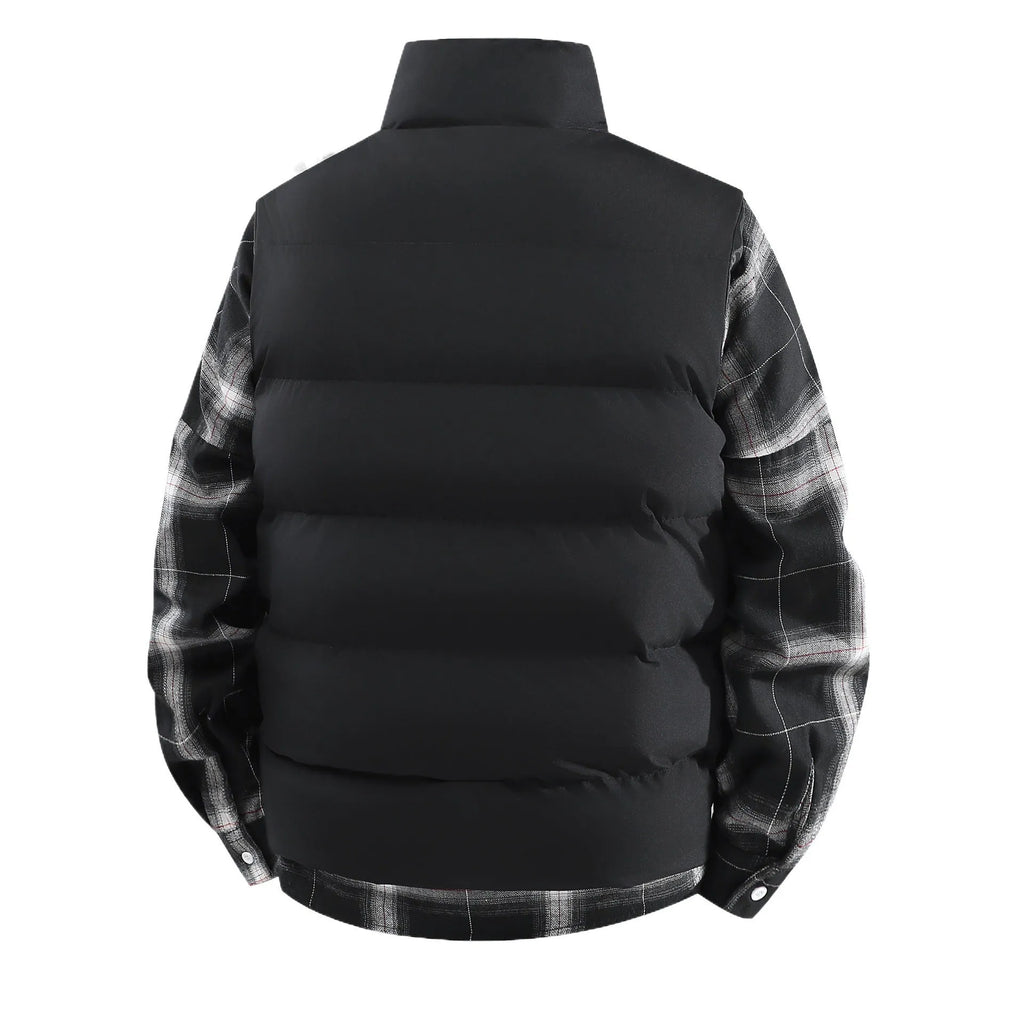 Men's plus size corduroy stand collar vest coat in black with thick lining, loose fit