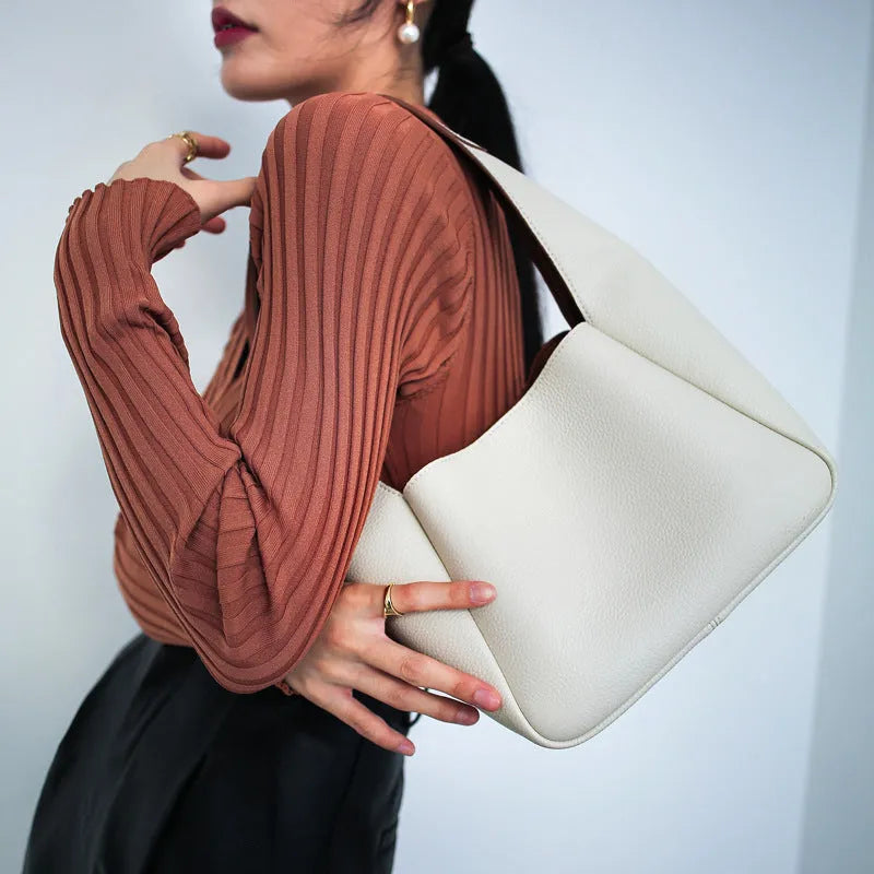 Top layer cowhide genuine leather shoulder bag in camel colour with sewing thread detail