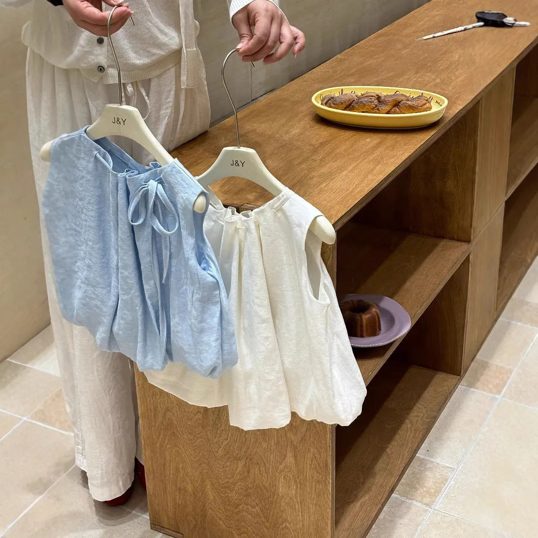Girls sleeveless cotton shirt in milky white with drawstring neckline, Korean style summer top.