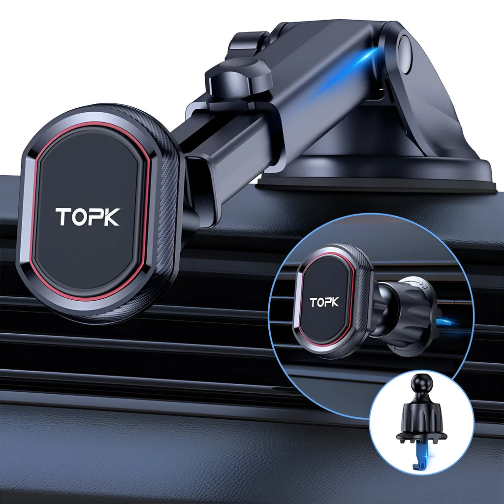 Magnetic car phone holder with suction cup mounted on car windscreen holding a smartphone
