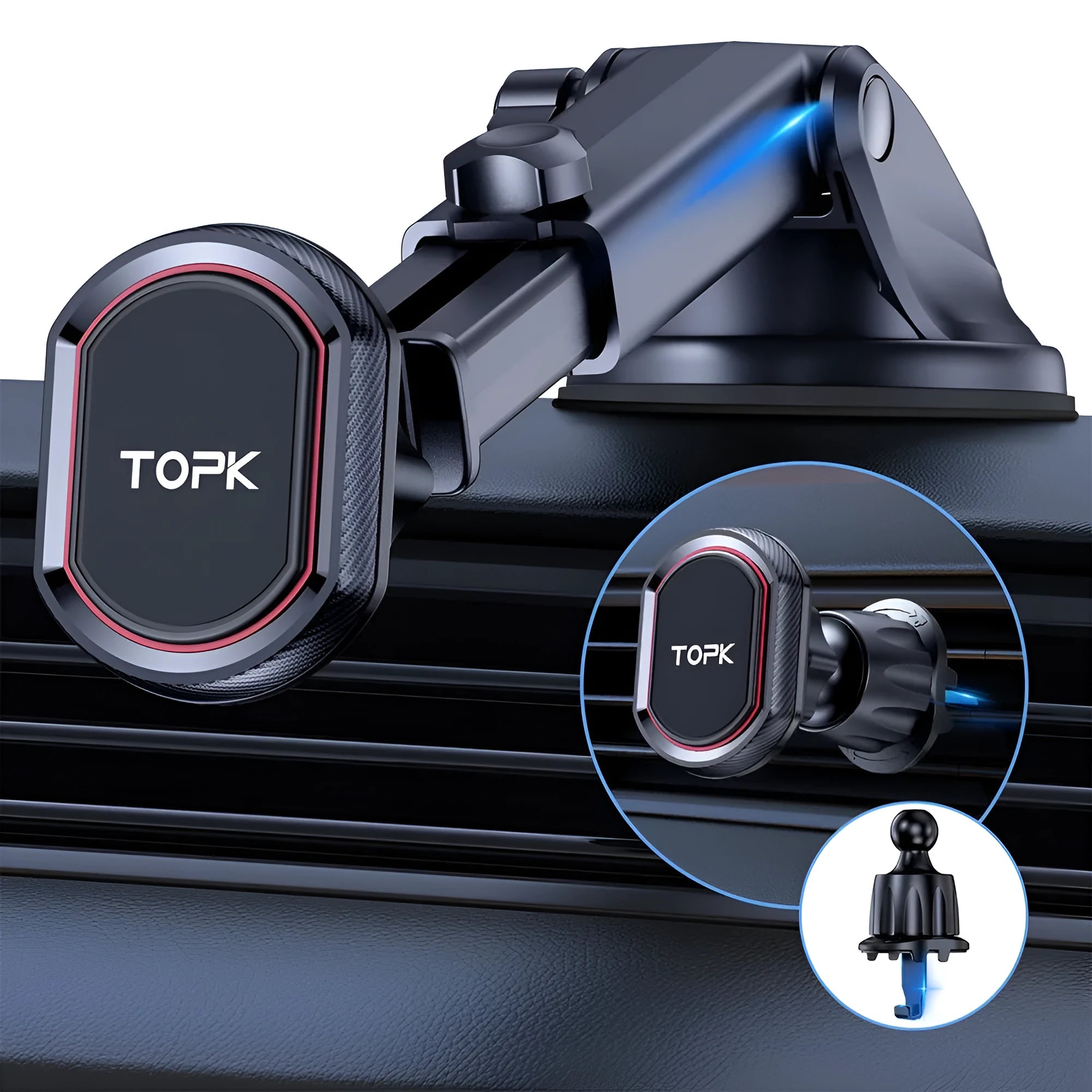 Magnetic car phone holder with suction cup mounted on car windscreen holding a smartphone