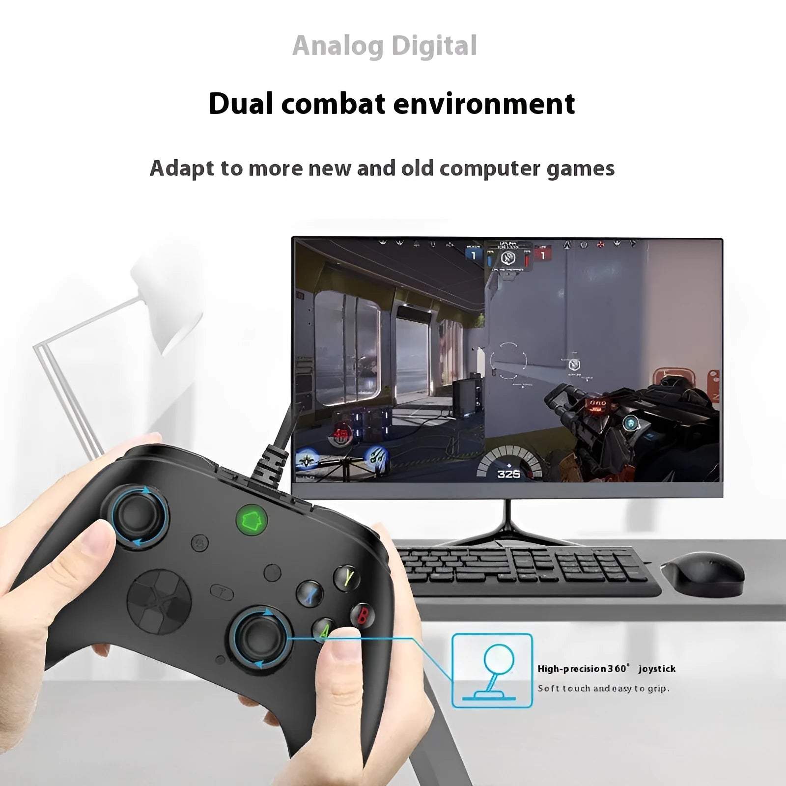 Six-in-one wired game controller with macro programming for PC and PS in black