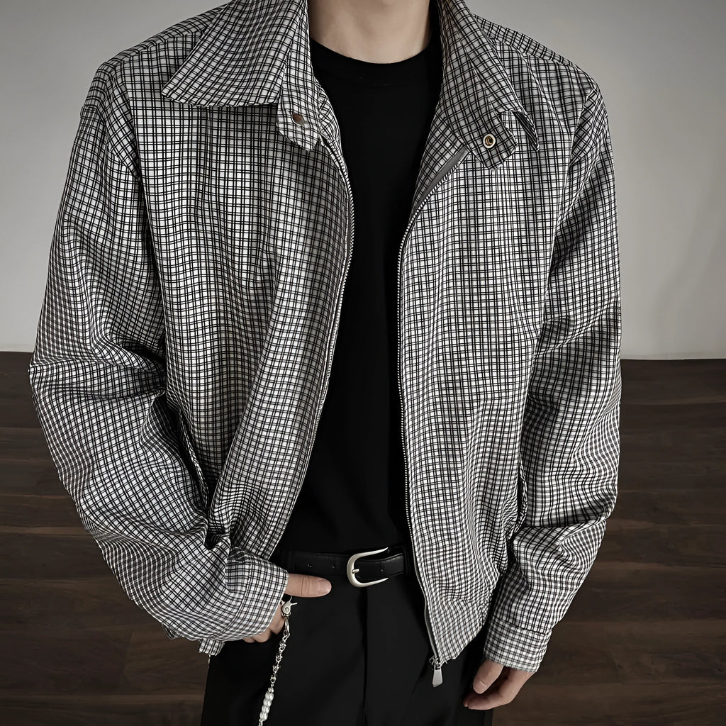 Korean style simple retro plaid short jacket with double zipper in gray plaid