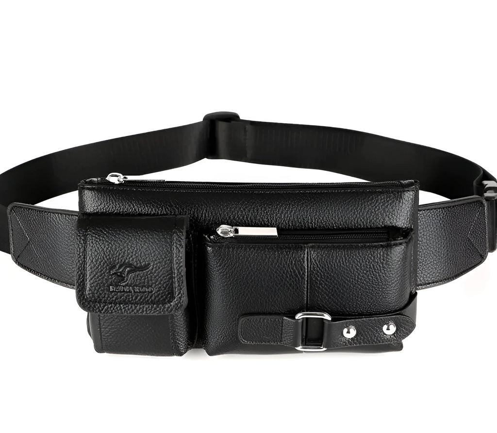 Men's leather waist bag, first layer cowhide, 27cm wide, black, with zipper and buckle closure.