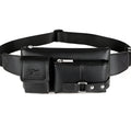 Men's leather waist bag, first layer cowhide, 27cm wide, black, with zipper and buckle closure.