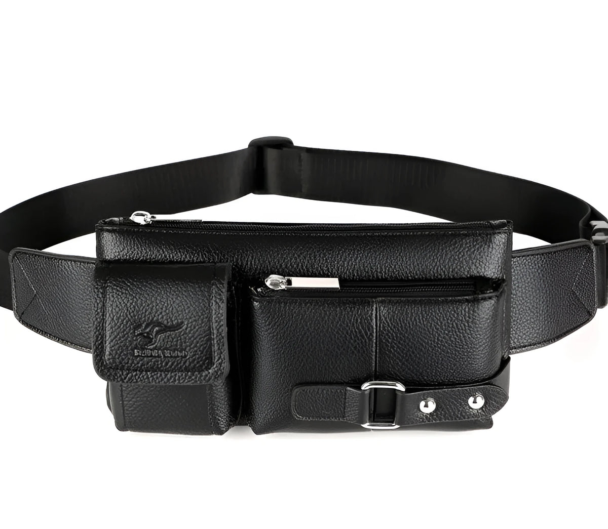 Men's leather waist bag, first layer cowhide, 27cm wide, black, with zipper and buckle closure.