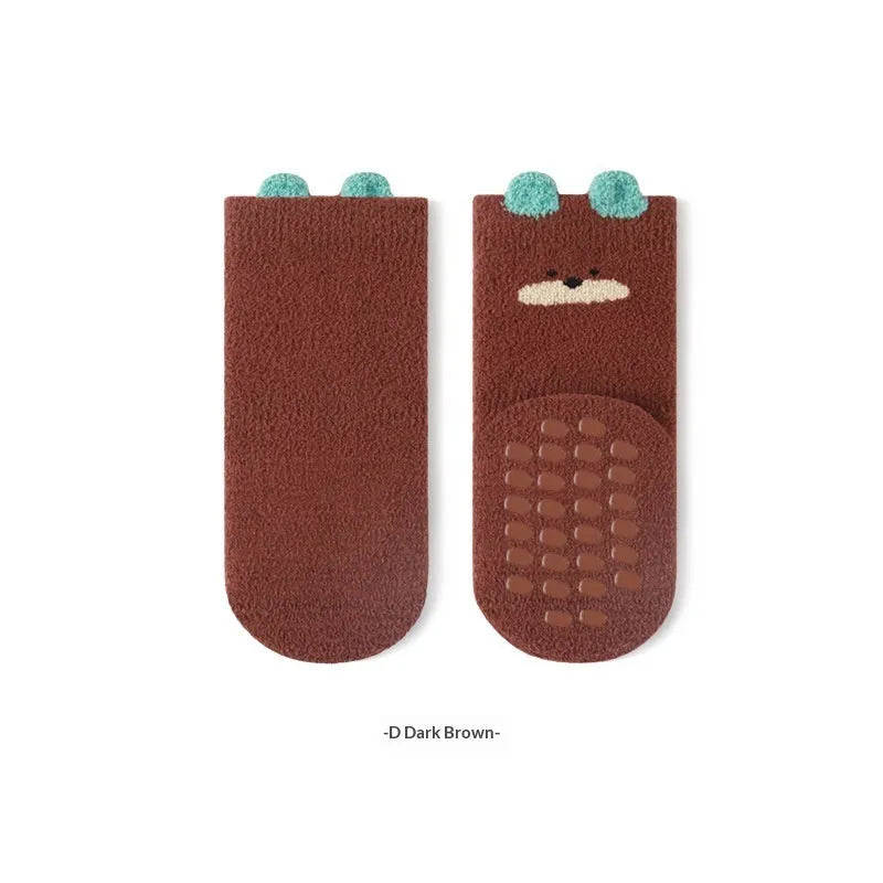 Children cartoon fleece-lined thickened winter home socks mid-calf polyester unisex pink colour