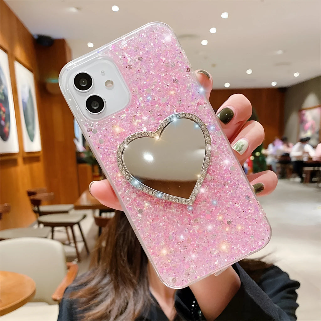 Epoxy mirror heart shape rhinestone phone case for Apple iPhone in glitter heart mirror-gold finish with reflective surface