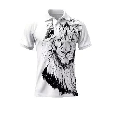 Summer lion print business casual T-shirt in bird eye cloth with zipper decorations, short sleeves, polyester fabric