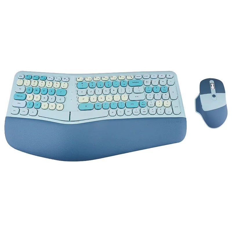 Ergonomic wireless keyboard and mouse set with wrist splint, waterproof veneer, blue milk tea purple mixed colours