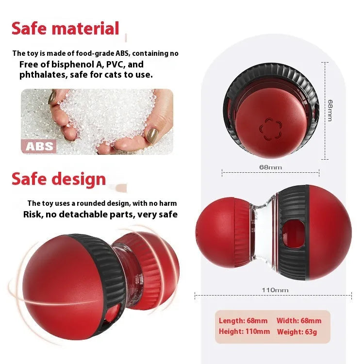 Plastic rotating cat toy with sound and food-dropping mechanism in super ball colour design.