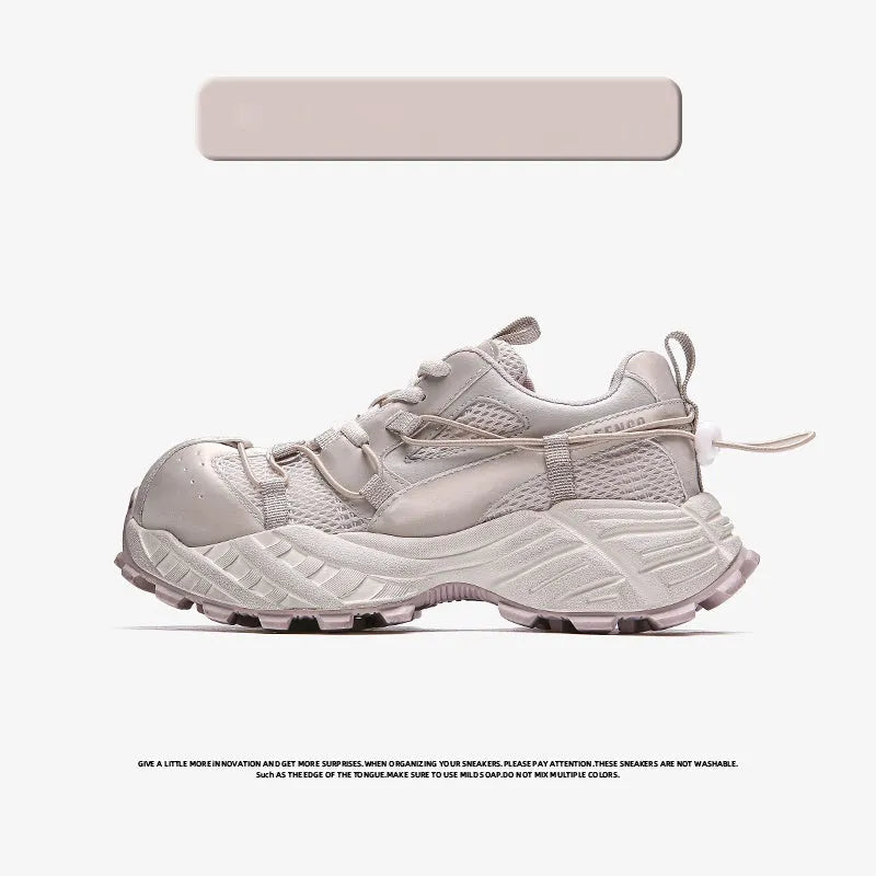 Breathable mesh foam bottom platform dad shoes with lace-up closure, round toe, thick sole, in oyster grey