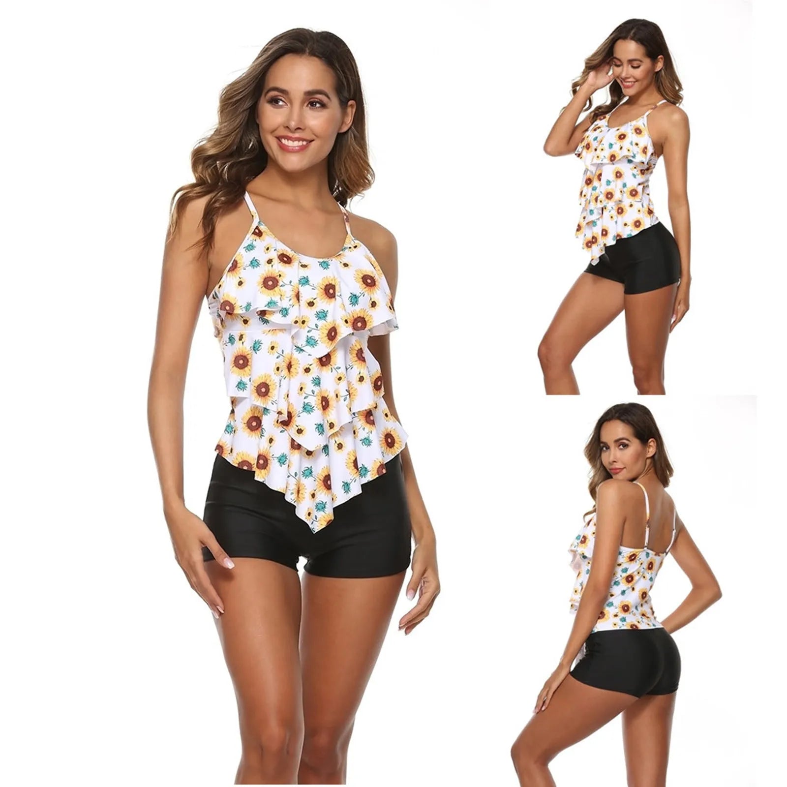 European style plus size bikini set with high waist boxer bottom, black leaves pattern, on model