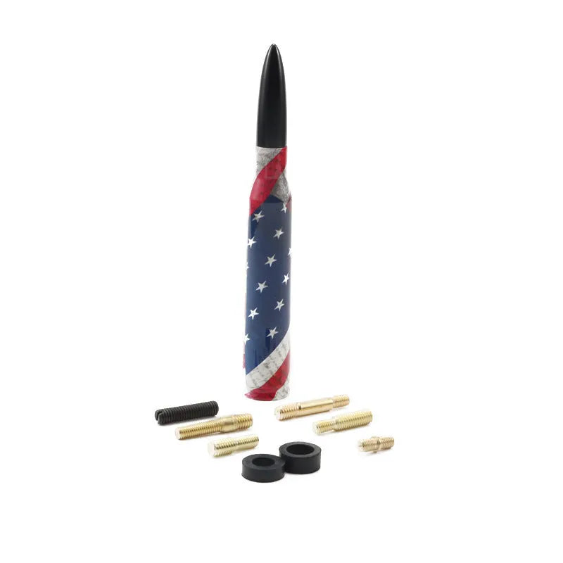 14cm long bullet car antenna in black, camouflage green, and American flag design options
