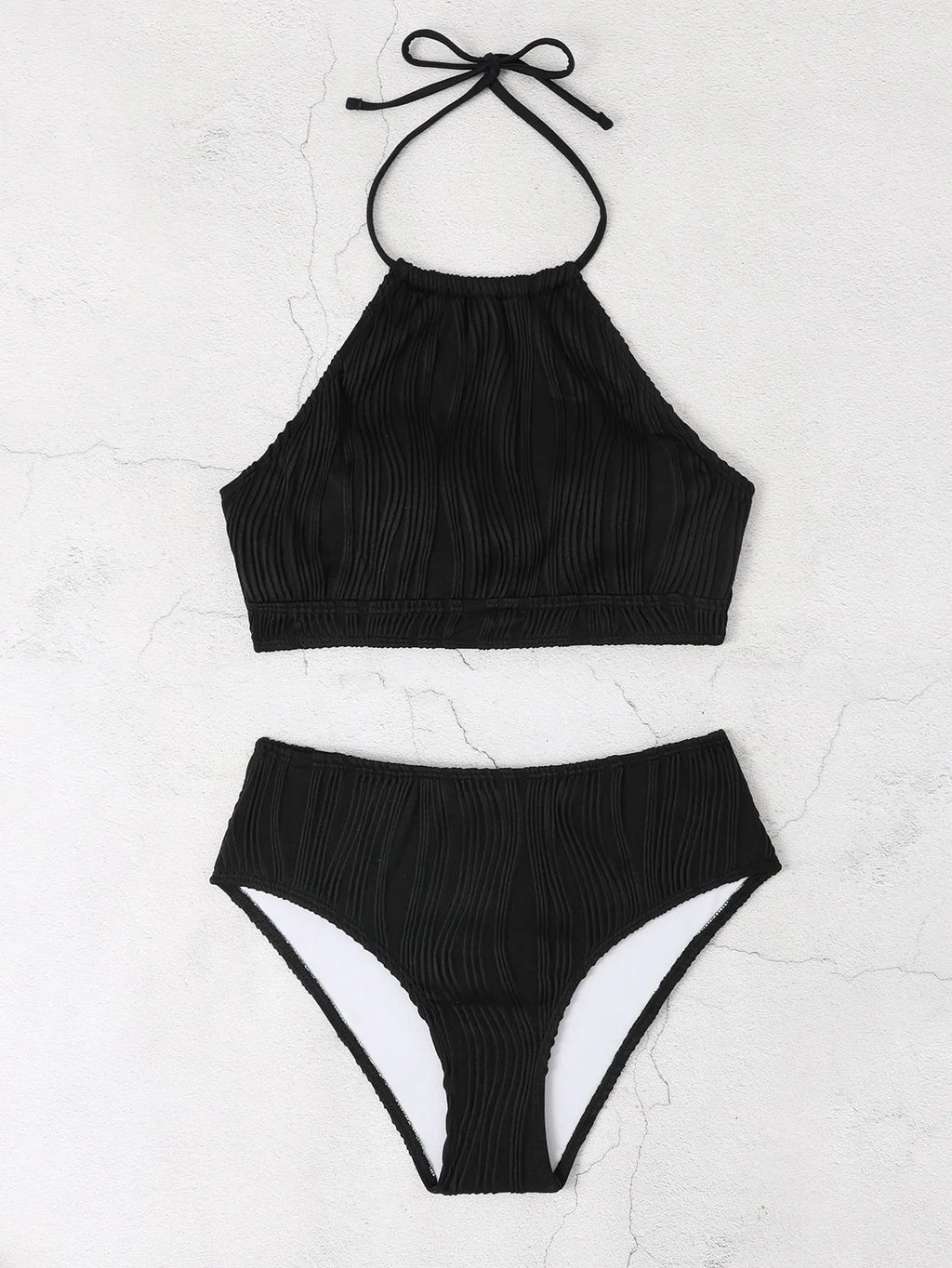 Women's conservative high-waist swimwear set in apricot colour with separate top and pants