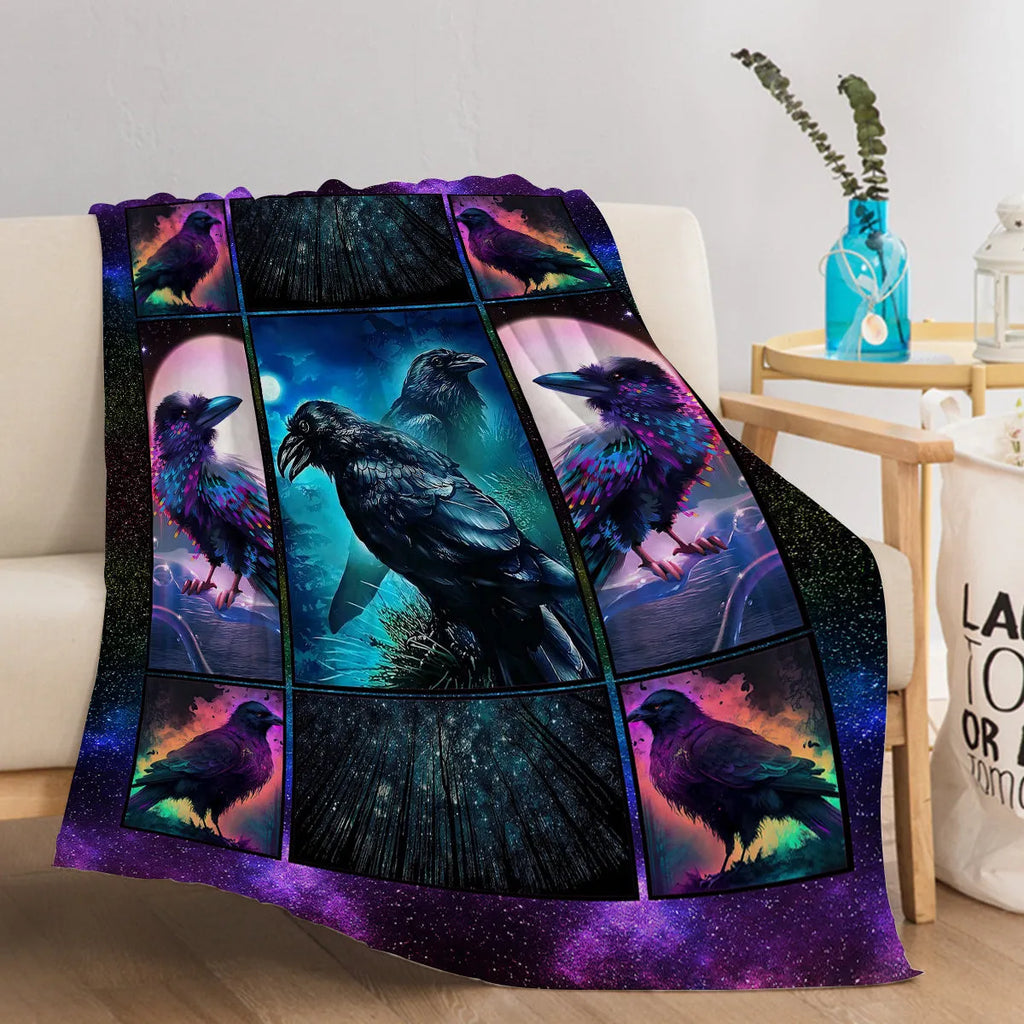 Colorful raven print flannel blanket in soft velvet, available in 75x100cm, 130x150cm, and 150x200cm sizes.