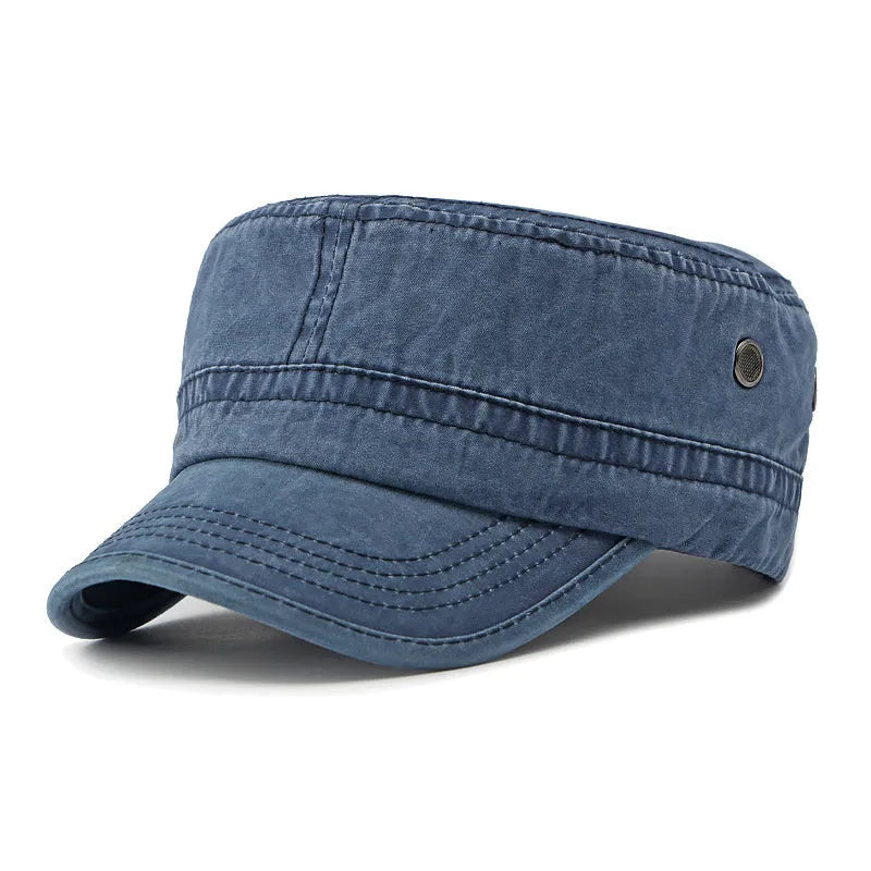 Flat top military cap in cotton fabric with adjustable sizing