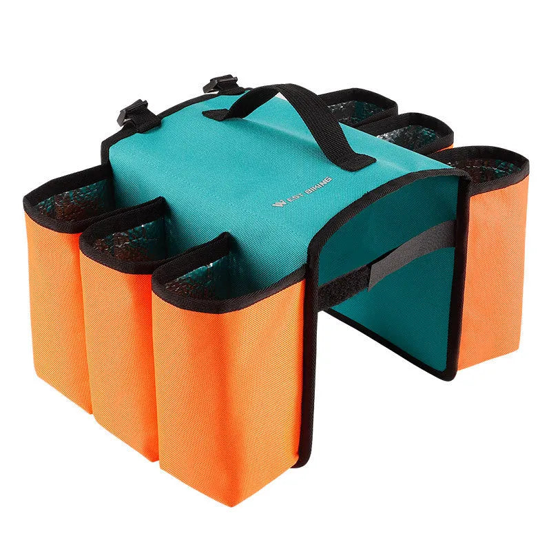 Black and blue orange double-sided bicycle drink shelf bag mounted on handlebars.