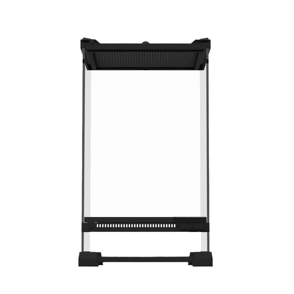 Transparent glass cylinder reptile enclosure for lizards and turtles on a white background.