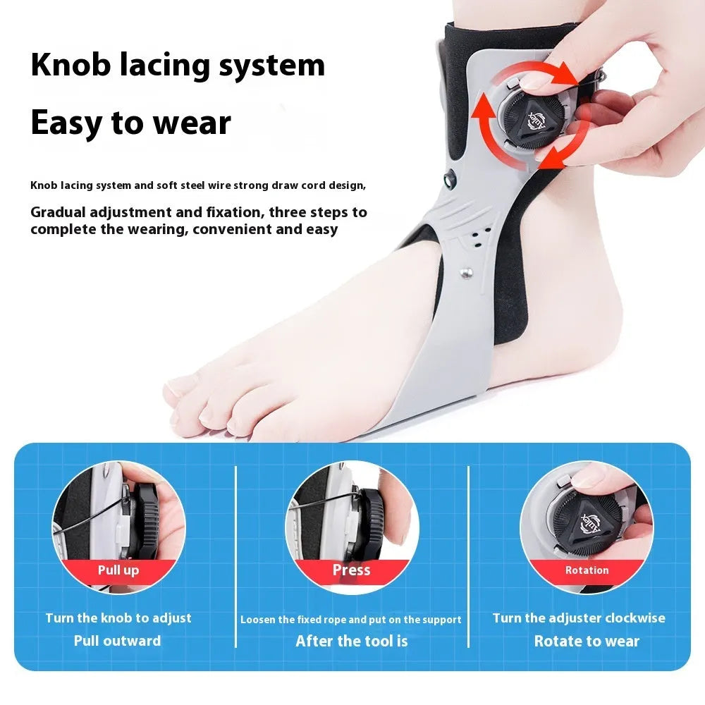 Grey ankle support brace with airbag button compression system showing adjustable fastening