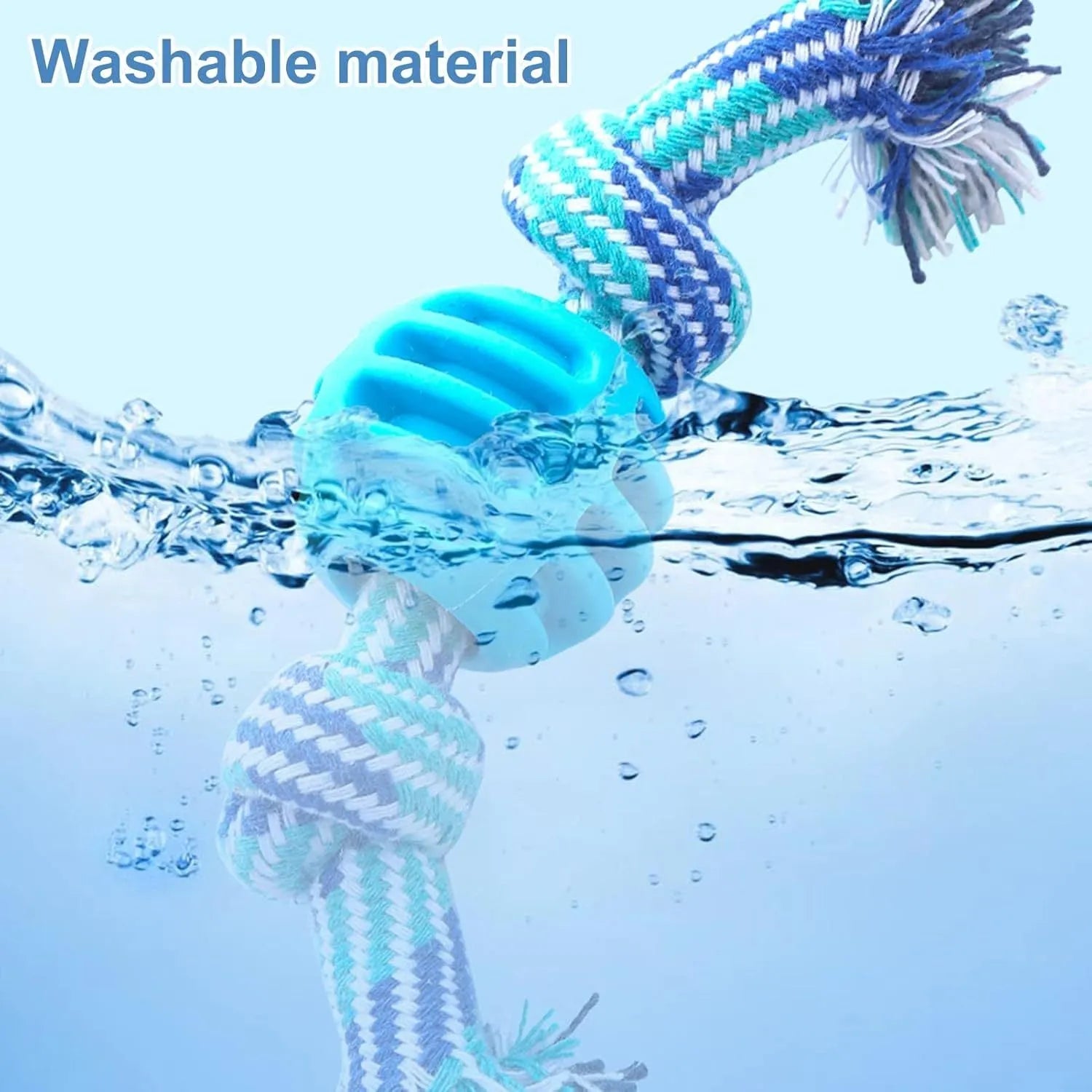Blue dog chew toy with rope texture for cleaning teeth and protecting oral health.