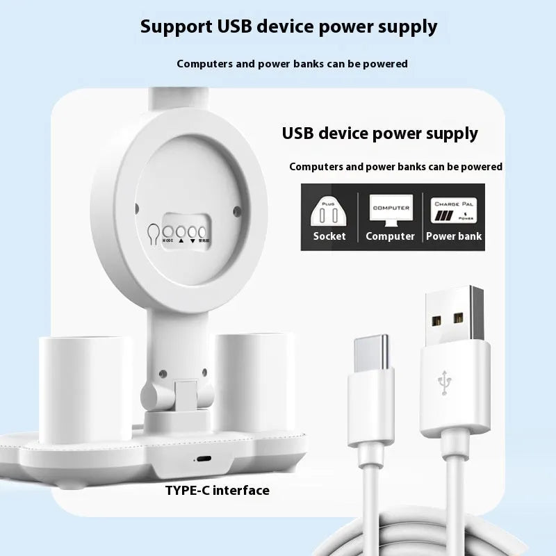 LED student desk lamp with double-headed light, clock and fan options, USB powered, modern simplicity style