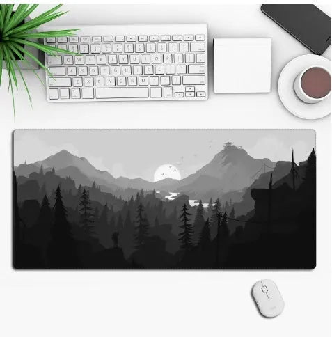 Large black anime-themed gaming mouse pad with non-slip rubber base on a wooden desk.