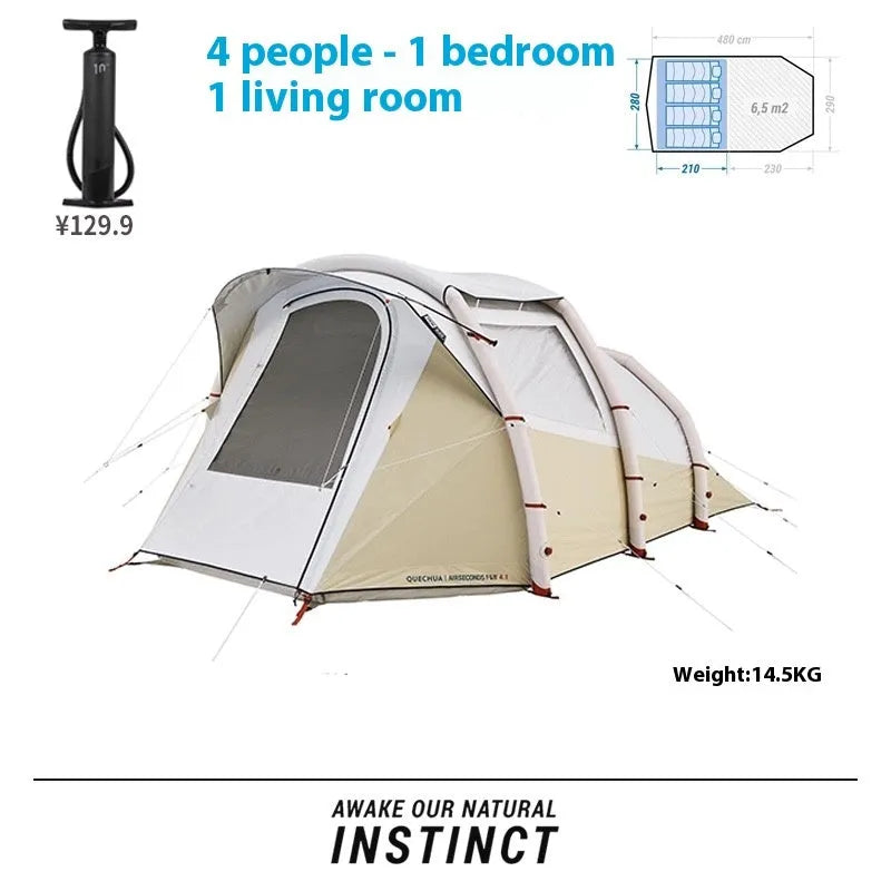 Inflatable camping tent for 4 people with hand pump, double-sheet rainproof design, polyethylene base, set up outdoors